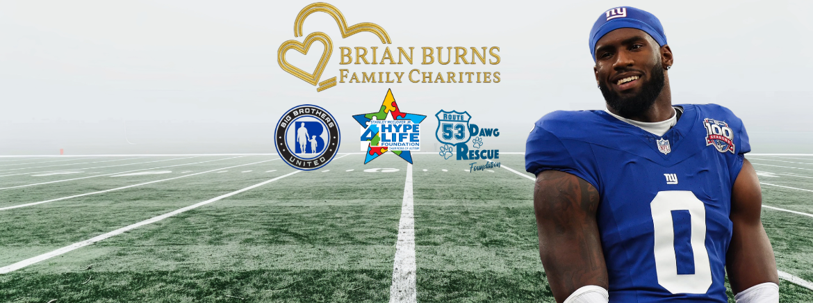 Brian Burns in a blue jersey smiles on a foggy field. Logos for Brian Burns Family Charities and others appear above, conveying a charitable theme.