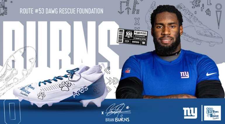 Football player Brian Burns  in a blue shirt and a custom white cleat with Ares and paw prints are featured in a promotional image.